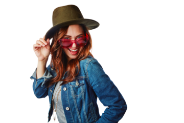 Happy, woman in portrait and gen z fashion with sunglasses and smile with retro style isolated on transparent png background. Happiness, excited and female fashionista with funky stylish clothes