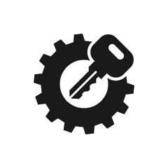 Key and gear. Unlock machine icon flat style isolated on white background. Vector illustration