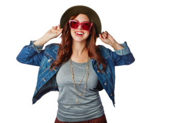 Woman, portrait and fashion sunglasses with hat and denim jacket isolated on a transparent png background. Portrait of happy female person, gen z or stylish model in cool hipster or casual clothing