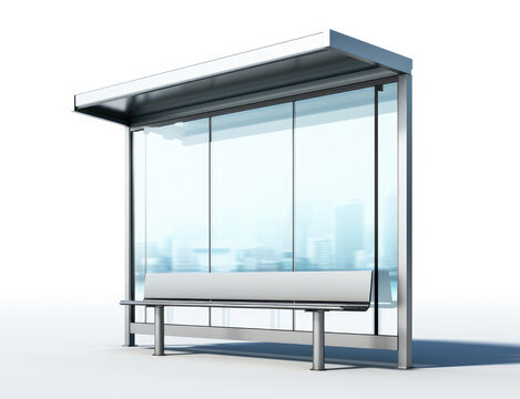 Glass metal bus stop design with empty panel for billboard isolated on white