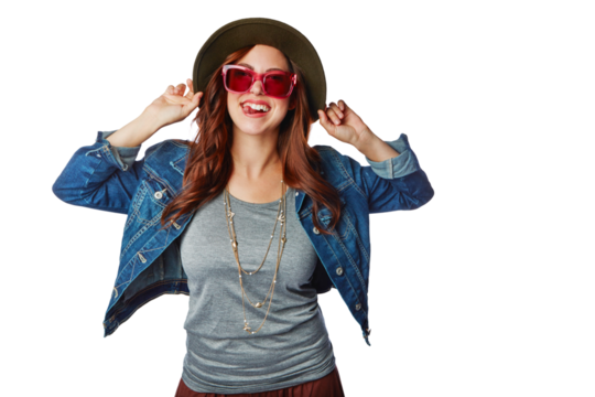 Woman, portrait and fashion sunglasses with hat and denim jacket isolated on a transparent png background. Portrait of happy female person, gen z or stylish model in cool hipster or casual clothing