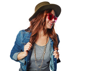 Fashion, hipster and trendy with woman on transparent background for smile vintage and retro. Happy, funky and pride with female person and sunglasses on png for gen z, edgy and confidence