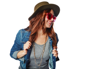 Fashion, hipster and trendy with woman on transparent background for smile vintage and retro. Happy, funky and pride with female person and sunglasses on png for gen z, edgy and confidence