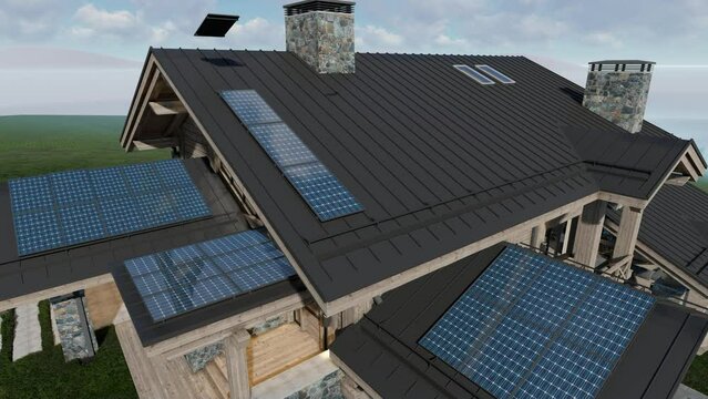 4K video rendering of installation Solar panels on the roof of modern cozy chalet with pool and parking for sale or rent. Beautiful forest mountains on background. 