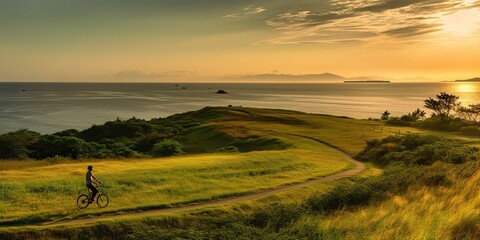 AI Generated. AI Generative. Nature outdoor adventure vacation fot cardio sport by bike bicycle person on beautifual asian green landscape. Graphic Art