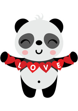 Loving panda holding a love red heart flag garland