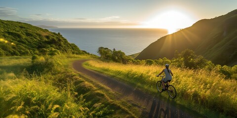 AI Generated. AI Generative. Nature outdoor adventure vacation fot cardio sport by bike bicycle person on beautifual asian green landscape. Graphic Art