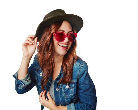 Happy, woman and gen z fashion with sunglasses and excited smile with trendy style isolated on transparent png background. Happiness, cool and young female fashionista with funky stylish clothes