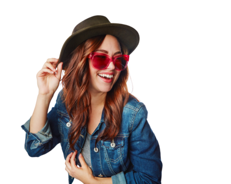 Happy, woman and gen z fashion with sunglasses and excited smile with trendy style isolated on transparent png background. Happiness, cool and young female fashionista with funky stylish clothes