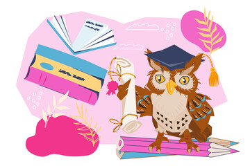 Back to school banner backdrop with wise owl funny character. Design for school and online education, diplomas, flat vector illustration isolated on white background.
