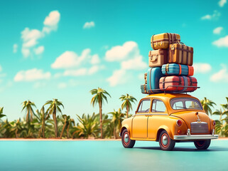 Small retro car with baggage and luggage on the roof, fully packed, ready for summer. Generative Ai.