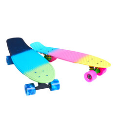 Two neon rainbow colored Penny board skateboards isolated on transparent background. Plastic mini...