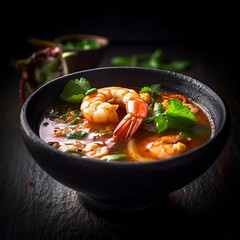 Tom Yam Kung ,Prawn and lemon soup with mushrooms, thai food in bowl. Generative Ai.