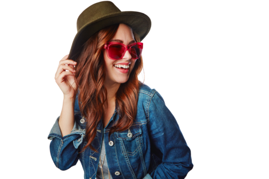 Woman with smile, gen z fashion and sunglasses, happy and excited with retro style isolated on transparent png background. Happiness, cool and young female fashionista with funky stylish clothes