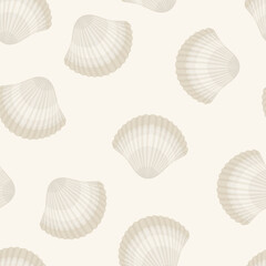 Seashells seamless pattern. Light gray background. Vector flat cartoon illustration.
