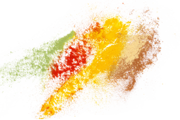 Mix colorful spice, turmeric, cayenne pepper ground, cinnamon pile, ginger and coriander powder isolated on white background, top view, clipping path