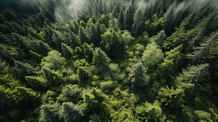 Naklejka na ściany i meble Greenery nature forest landscape from bird's eye view. Made by (AI) artificial intelligence.