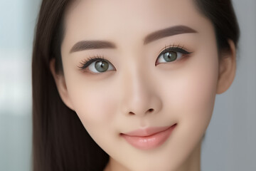 Fototapeta premium Beautiful Asian Woman, Close up on her face with Smooth skin look at the camera on a White background in Studio light. generative AI