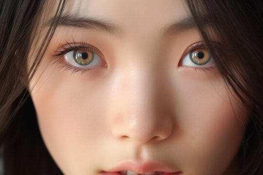 Beautiful Asian Woman, Close up on her face with Smooth skin look at the camera on a White background in Studio light. generative AI