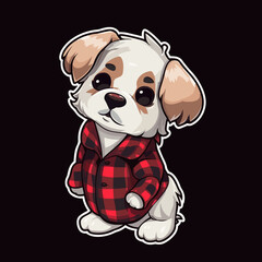 Cute little dog wearing a red flannel shirt - sticker design