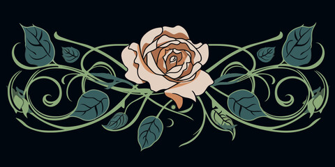 art nouveau rose on black background - flat vector art