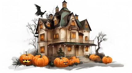 Obraz premium Halloween banner or party invitation background with clouds, bats and pumpkins.illustration