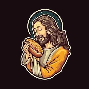 jesus with a sandwich sticker design - flat vector art