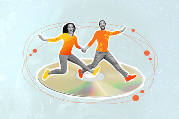Collage picture of two excited mini partners hold arms jumping run big cd disc isolated on painted creative background