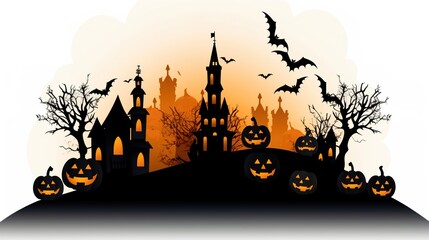 Fototapeta premium Halloween banner or party invitation background with clouds, bats and pumpkins.illustration