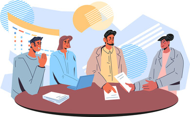 Business team brainstorming or partners negotiations at desk.  Business people characters for teamwork and negotiation theme.