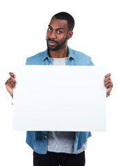 Paper, poster and portrait of black man with mockup for advertising, news or announcement on...