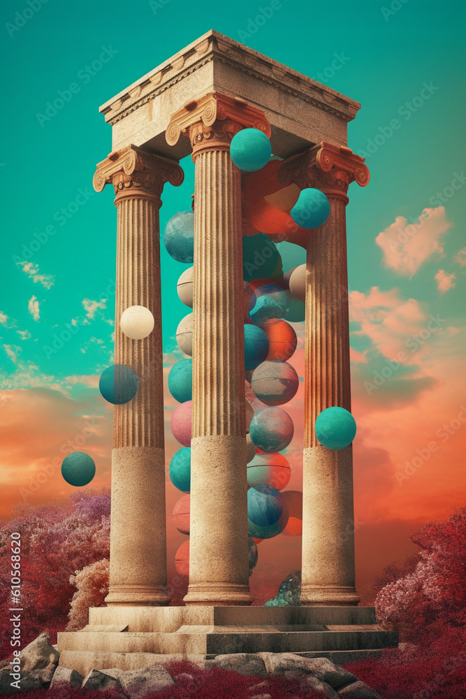 Poster a digital collage combining vintage illustrations of greek columns with modern elements, creating a 