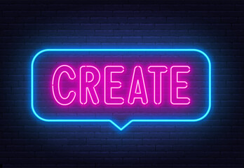 Create neon sign in the speech bubble on brick wall background.