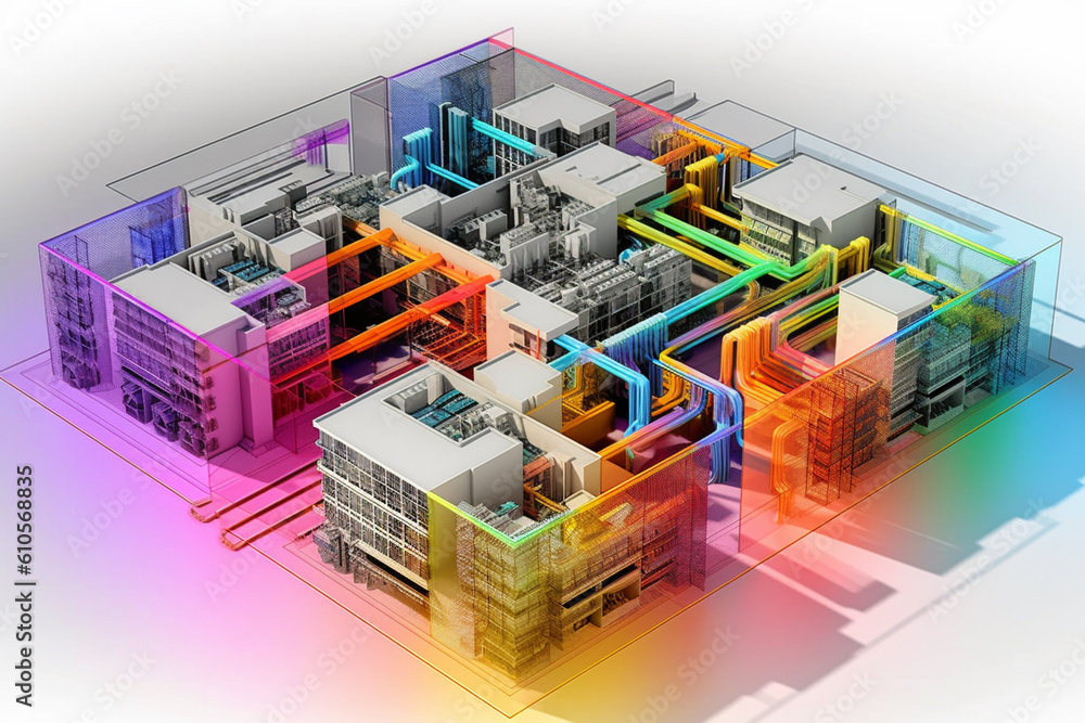 Poster layout and design of a data center, highlighting the strategic placement of database servers for eff