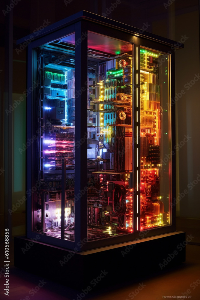 Poster  A mixed media installation incorporating physical server components and digital elements to create an interactive artwork,  Generative AI technology.