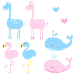 Gender reveal png set, whale, giraffe, flamingo, It's a boy girl babyshower blue pink baby drawing children