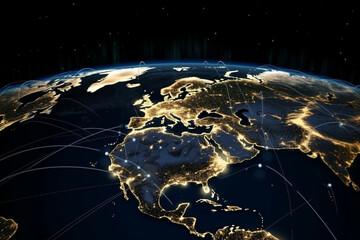 Earth with city lights and communication lines view from space at night