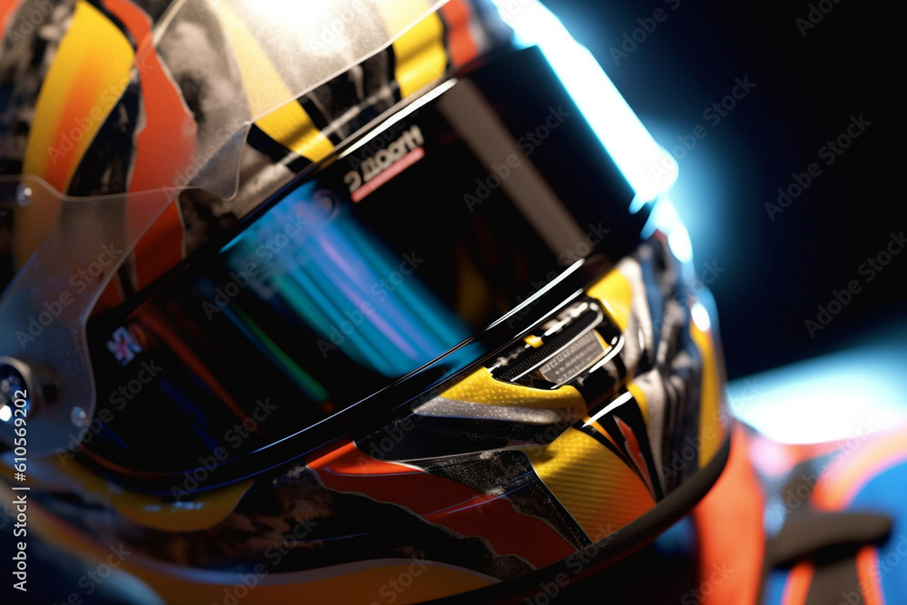Poster a close-up photograph of a racing driver's helmet, showcasing the reflection of the race track and t