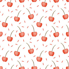 Cherries watercolor illustration, seamless pattern.