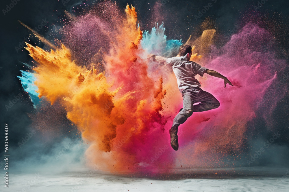 Poster A high-speed photograph of a dancer leaping through a cloud of colorful powder, with the powdery particles creating  Generative AI technology.