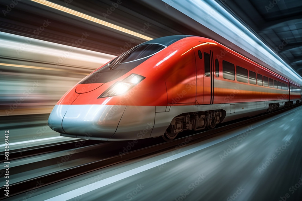 Poster  A sleek and modern high-speed train speeding along a track, with motion blur capturing its dynamic movement.  Generative AI technology.