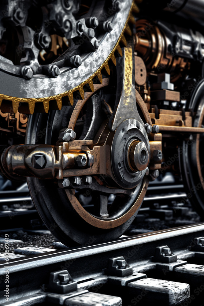 Poster a close-up photograph of the intricate details of a train wheel and railway tracks, highlighting the