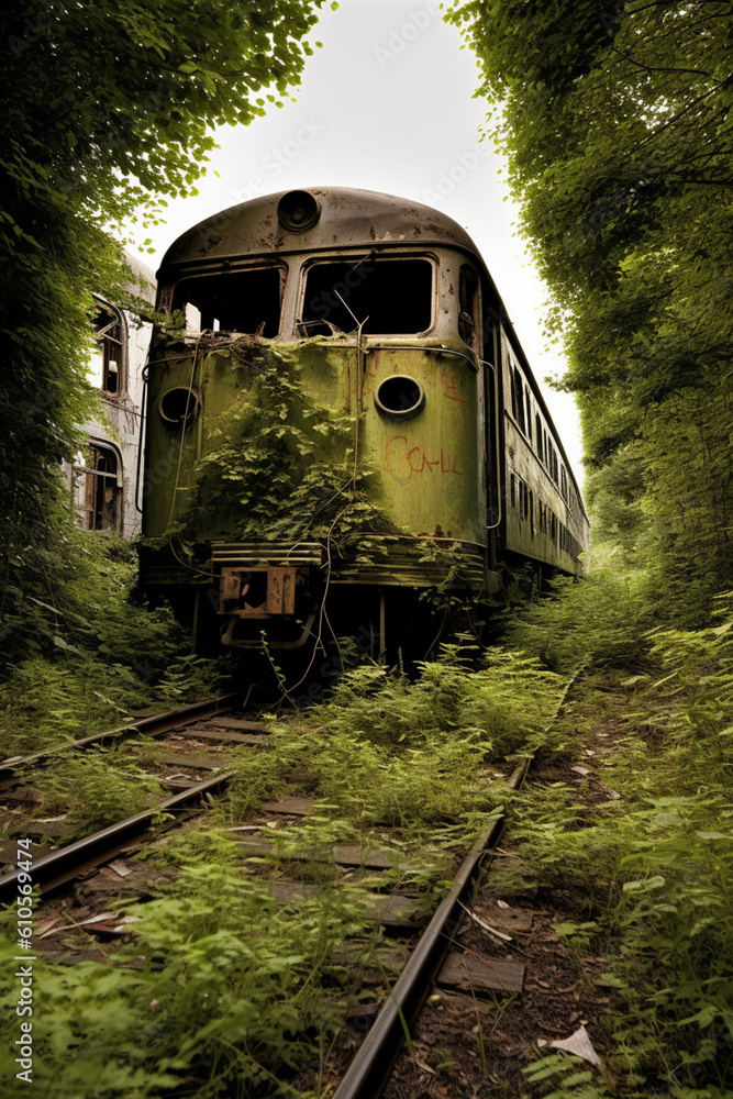 Poster a black and white image of an old abandoned train, covered in rust and overgrown with vegetation, ev