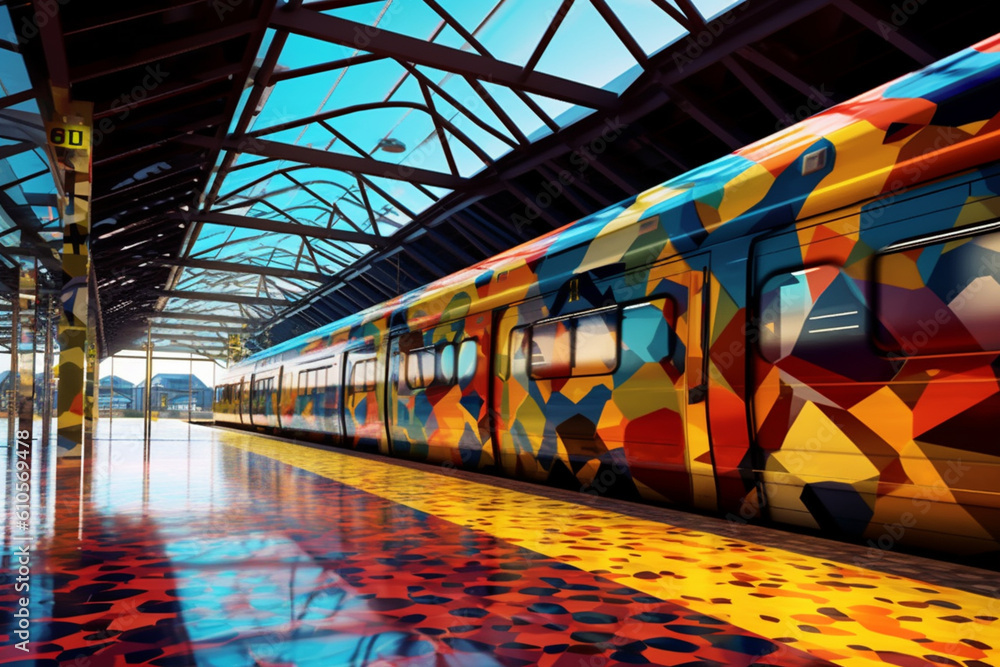 Poster  An abstract representation of a train station, using geometric shapes and patterns to create . Generative AI technology.