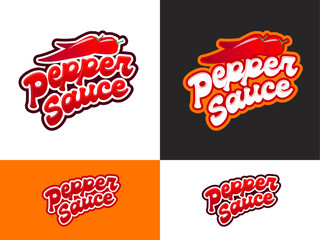 Pepper Sauce logo. Lettering with chilli peppers.
Spicy sauce emblem. Spicy food. Logo for label and packaging for snack and sauce.