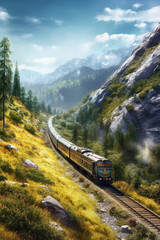 Fototapeta na wymiar A panoramic photograph of a scenic train route, winding through mountains or forests, offering breathtaking views and a sense of adventure. Generative AI technology.
