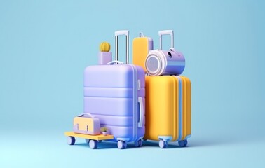 Travel luggage in 3d, light yellow and purple, ad posters, minimalist. Generative AI