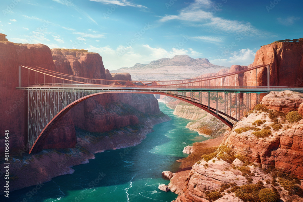 Poster an architectural photograph of an iconic bridge spanning over a river or canyon, showcasing the engi