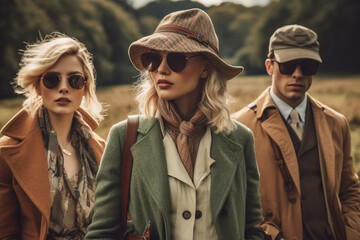 Outdoor models in cotswolds equestrian theme wearing tweed in countryside