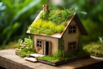 Fototapeta na wymiar Eco house, Green and environmentally friendly housing concept, Miniature wooden house in spring grass moss and ferns on a sunny day